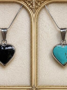 Reversible Turquoise & Black Onyx Heart Necklace Sterling Silver